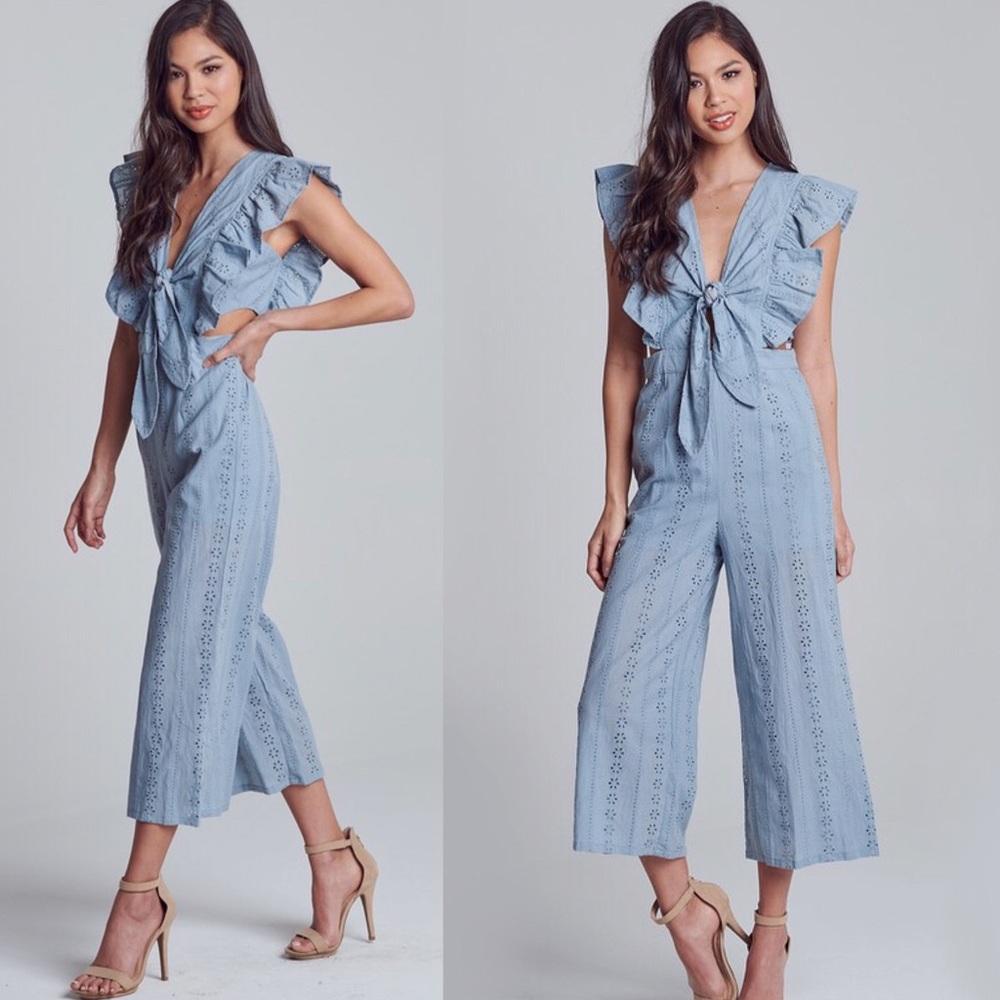 NEW! Ruffle Sleeve Open Back Empire Waist Jumpsuit - Picture 2 of 7